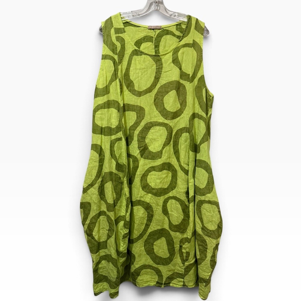 Prospero Srl Large Italy Linen Dress Lime Green Abstract Circle Lagenlook